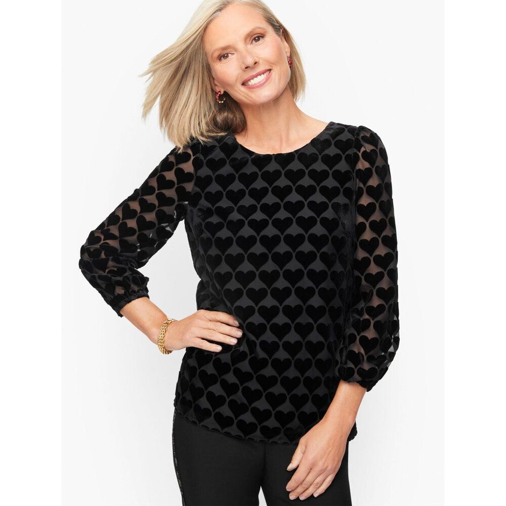Talbots Heart  Print Velvet Blouson Top in Black Size Mp